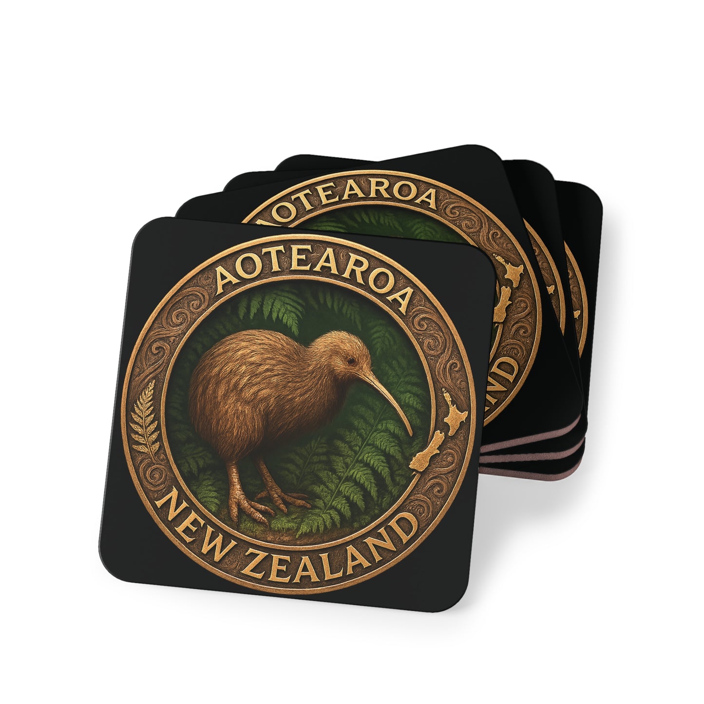 Set of four coasters with a kiwi bird design and 'Aotearoa New Zealand' text on a white background.