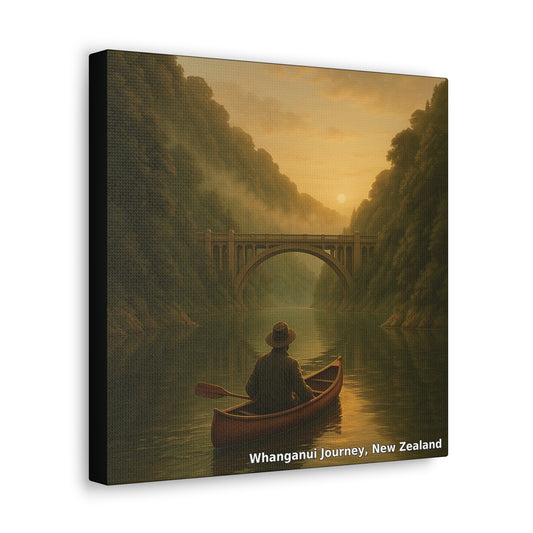 Man in a canoe on a river with a bridge and trees in the background, labeled 'Whanganui Journey, New Zealand'.