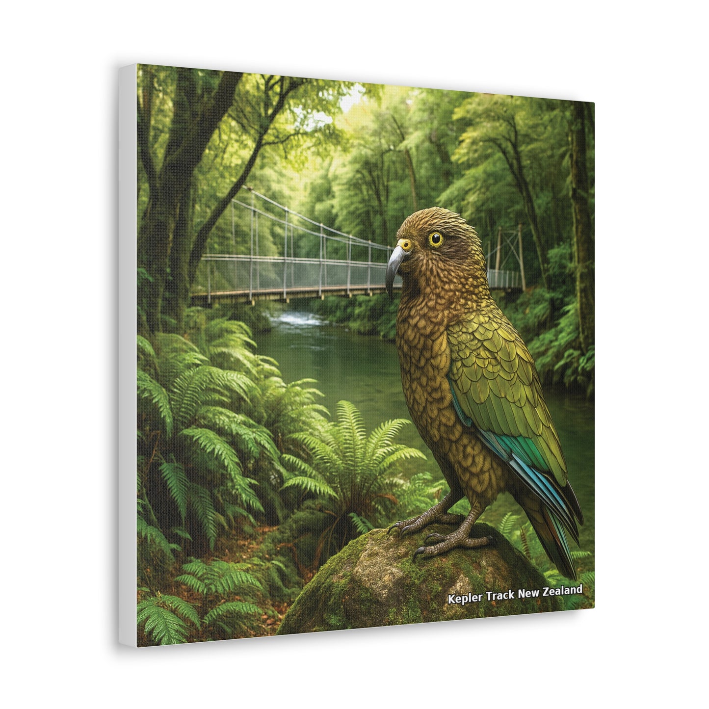 Kepler Track Canvas Print – Kea & Swing Bridge, Fiordland NZ