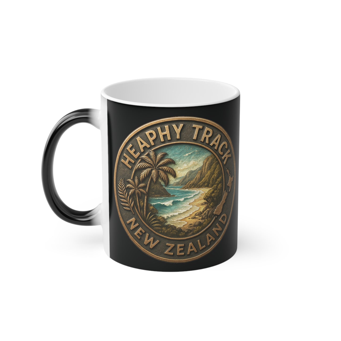Black Coffee mug with Heaphy Track New Zealand design on a white background