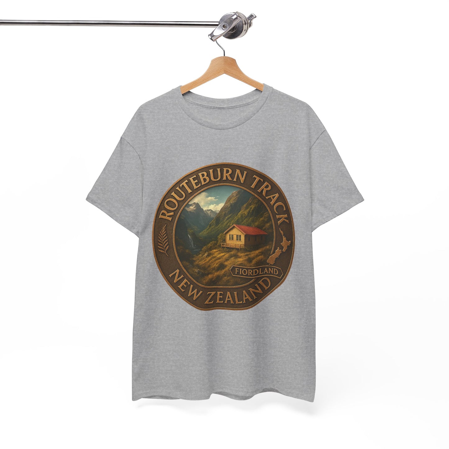 Gray t-shirt with a 'Routeburn Track New Zealand' graphic on a hanger against a white background