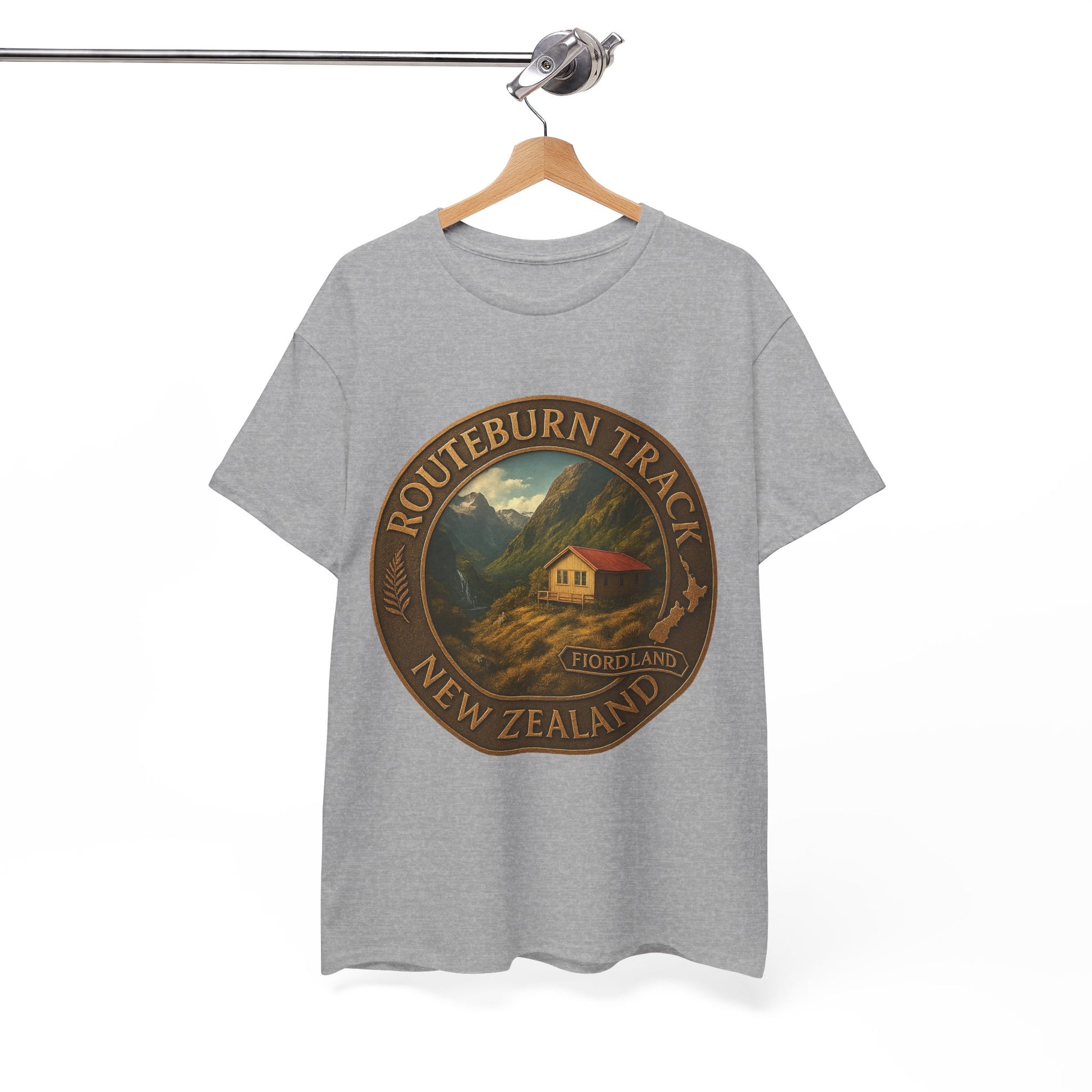Gray t-shirt with a 'Routeburn Track New Zealand' graphic on a hanger against a white background
