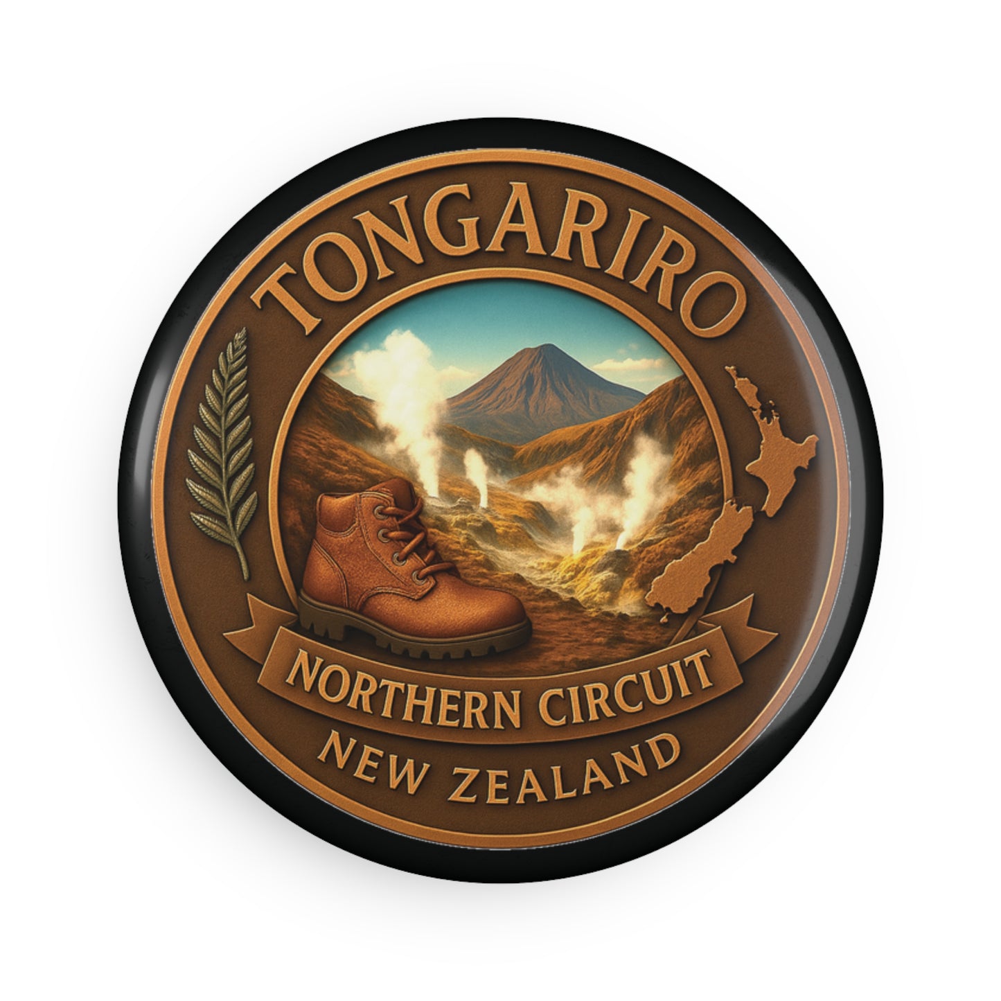 Round Fridge Magnet with Tongariro Northern Circuit New Zealand design featuring a mountain and hiking boot.