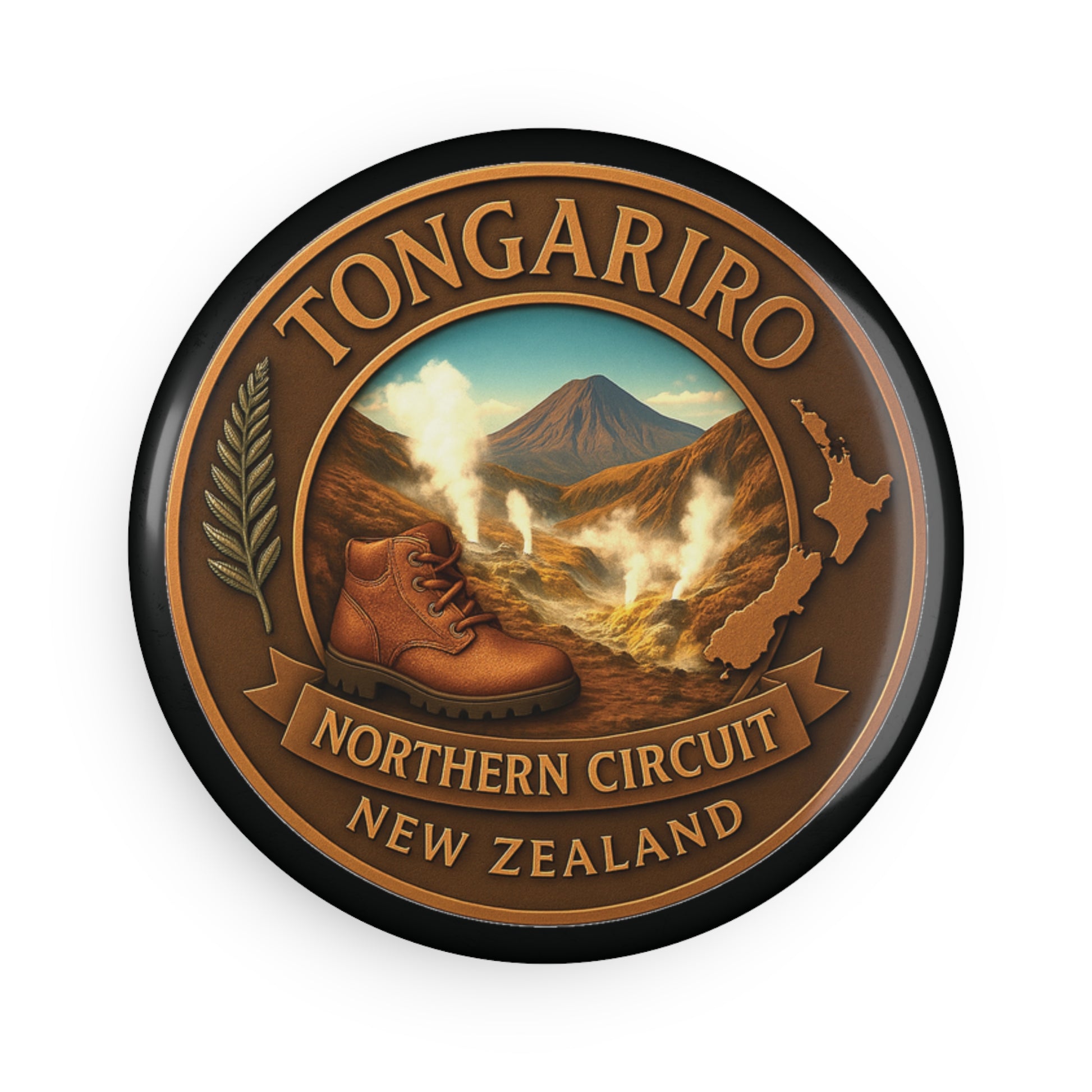 Round Fridge Magnet with Tongariro Northern Circuit New Zealand design featuring a mountain and hiking boot.