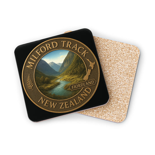 Coaster set with Milford Track New Zealand design on a white background