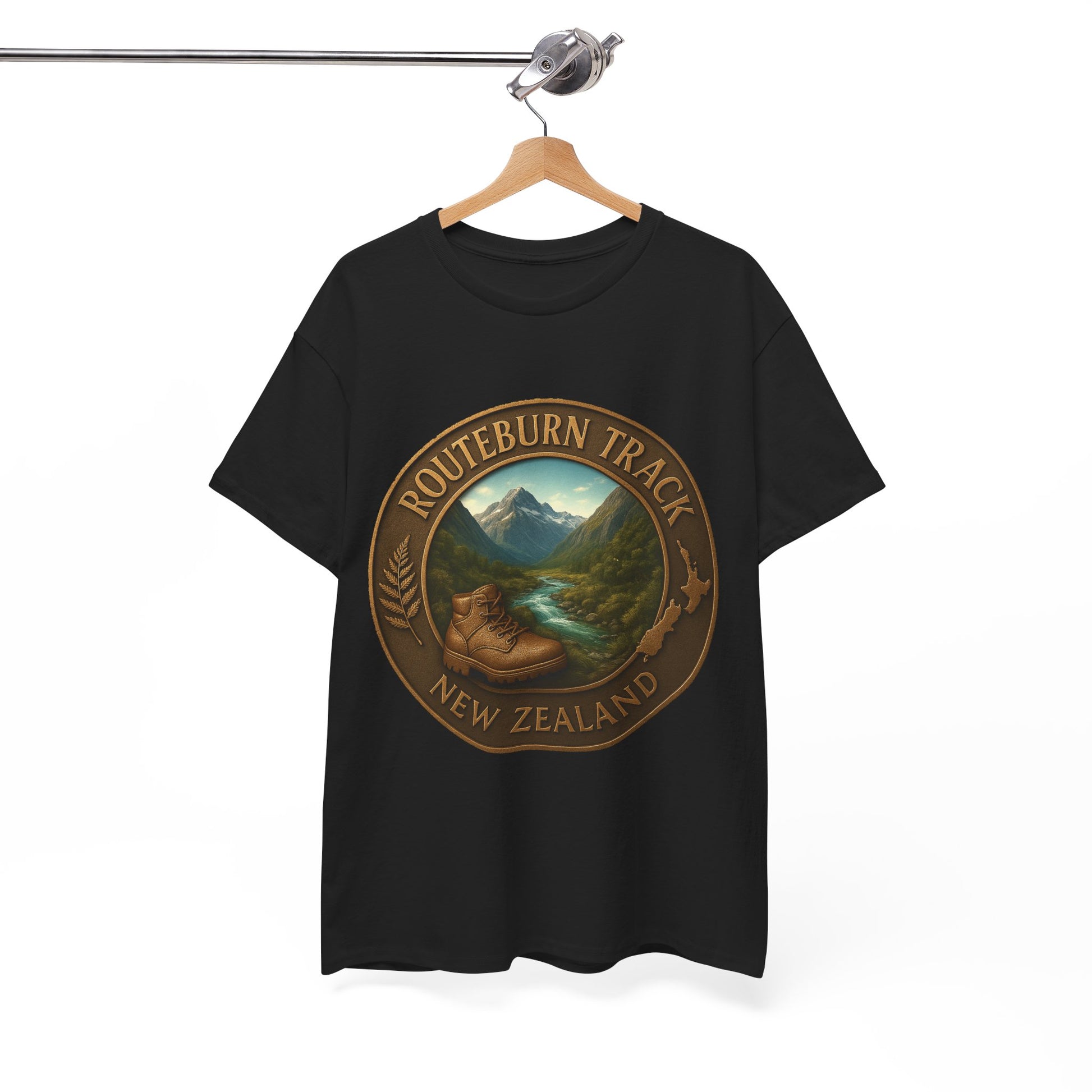 Black t-shirt with 'Routeburn Track New Zealand' design on a hanger against a white background