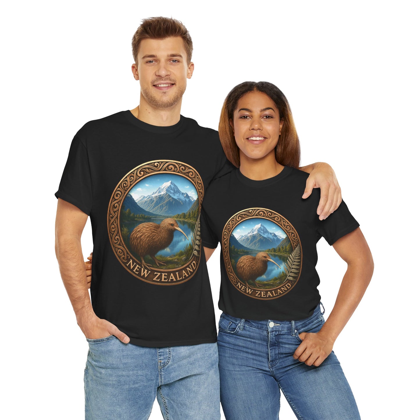 Two people wearing black t-shirts with New Zealand design