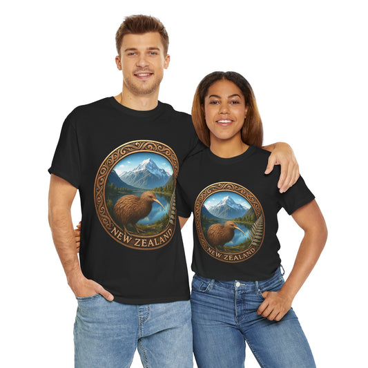 Two people wearing black t-shirts with New Zealand design