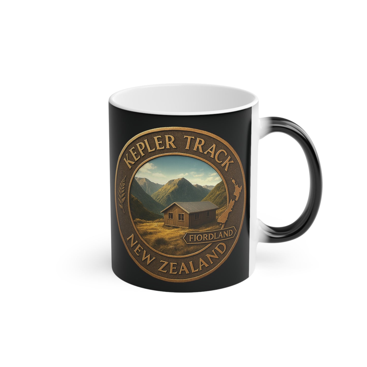 Black mug with a design of a cabin and mountains, featuring 'Kepler Track, New Zealand' text.