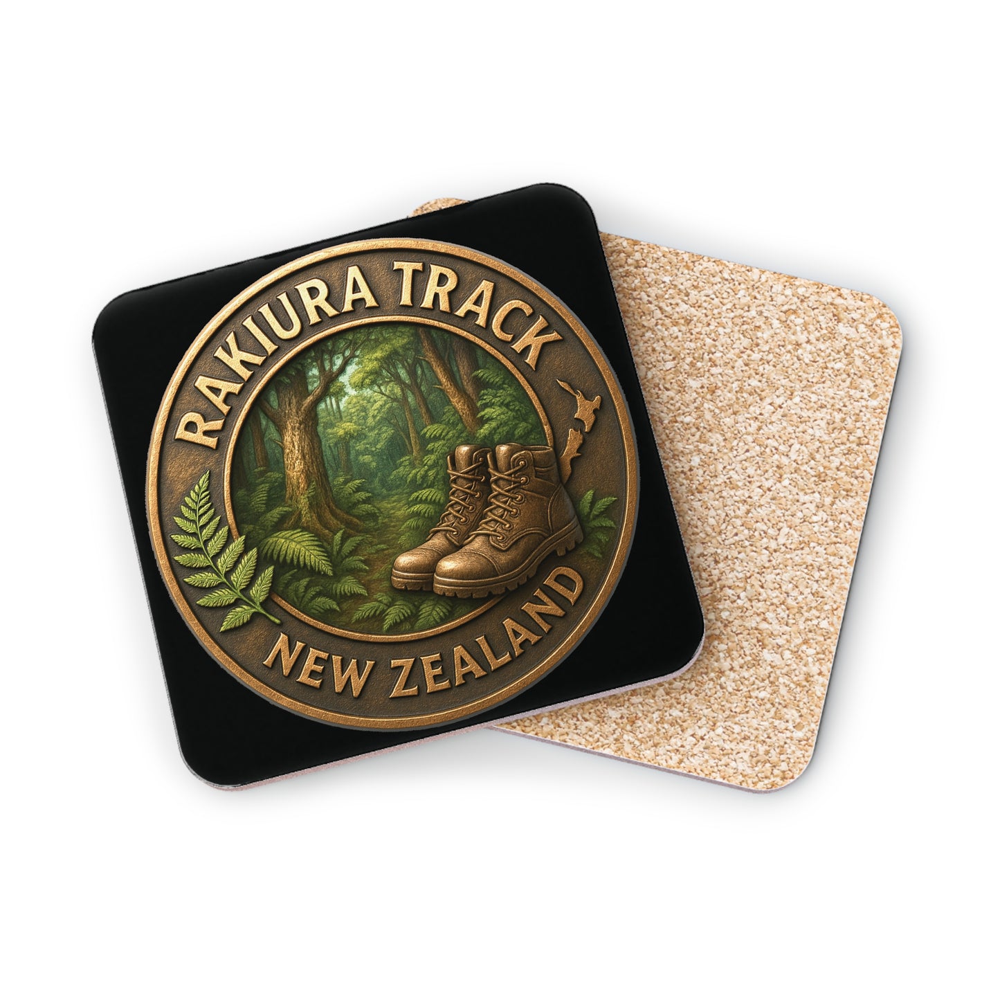 Coaster with Rakiura Track New Zealand design featuring boots, ferns, and a forest scene.