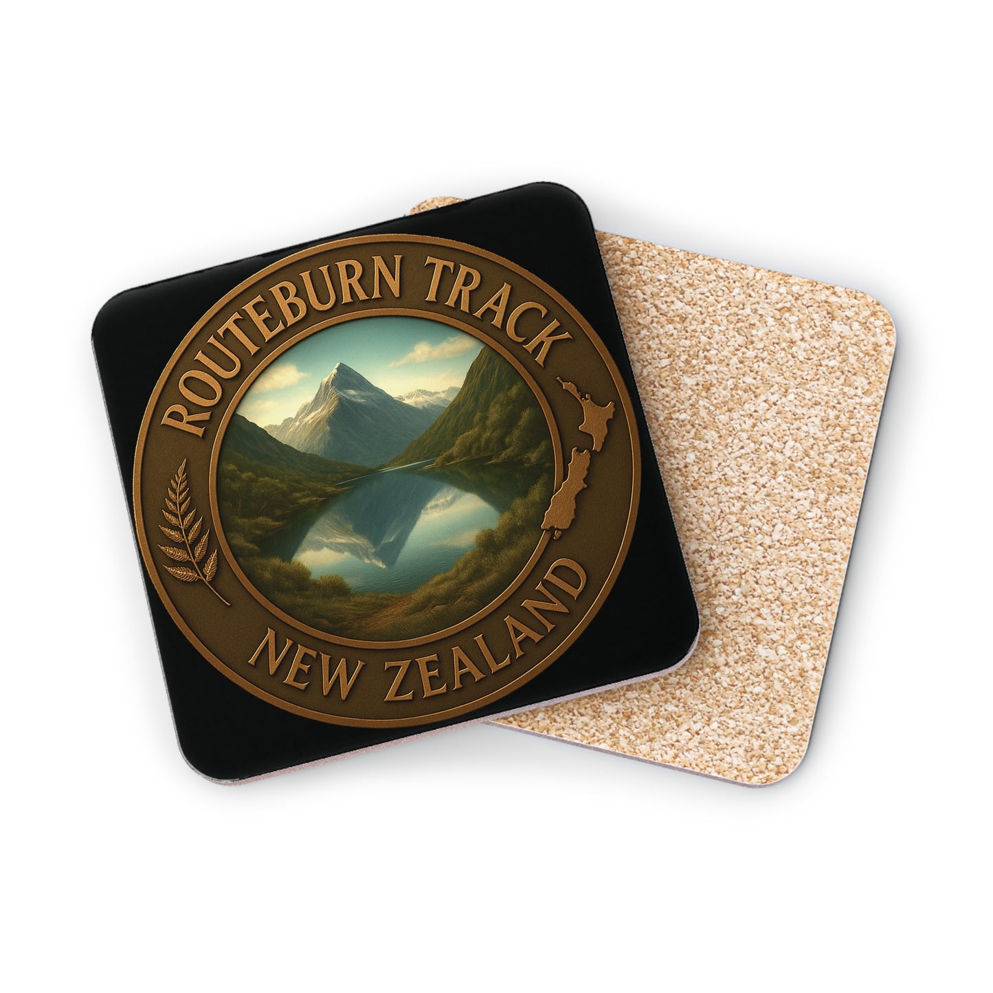 Coaster set with Routeburn Track New Zealand design on a white background