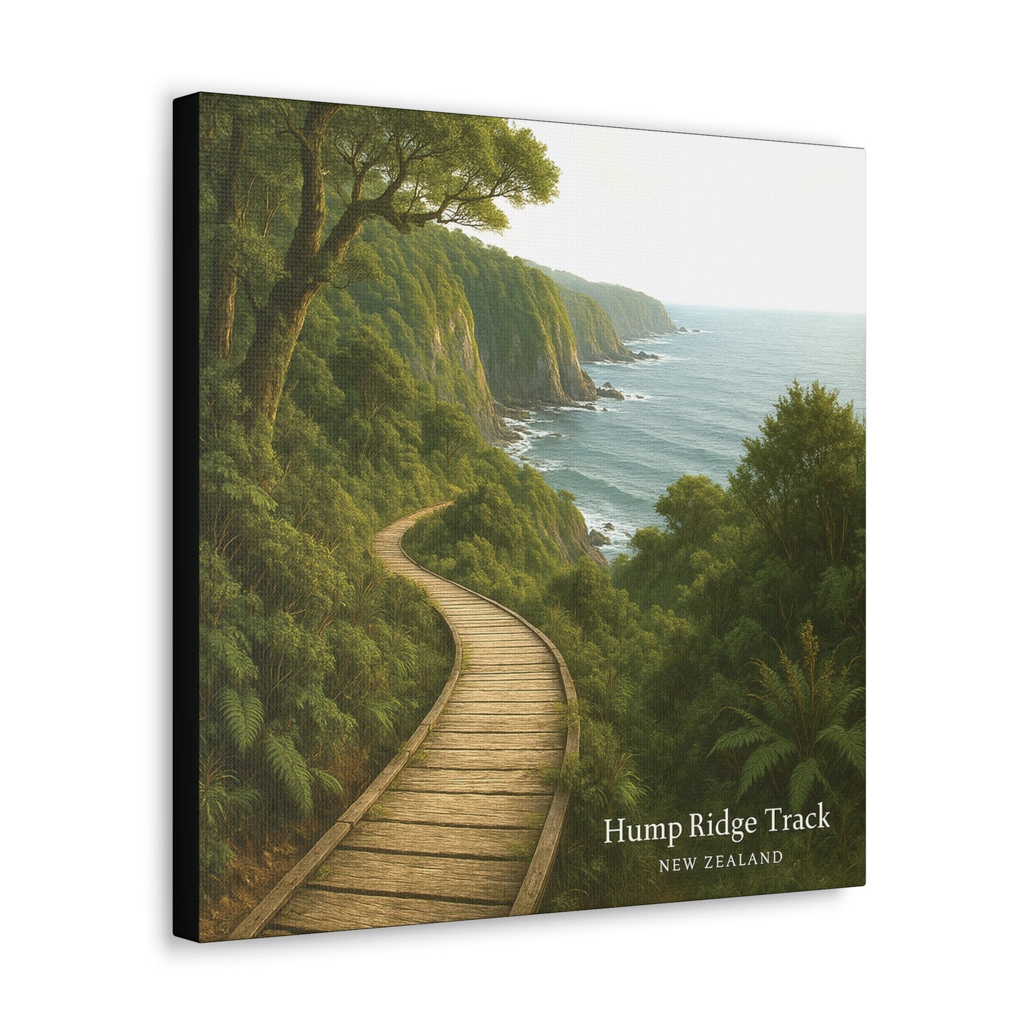 Canvas print of a wooden path through a lush green forest with ocean view, labeled 'Hump Ridge Track, New Zealand'.