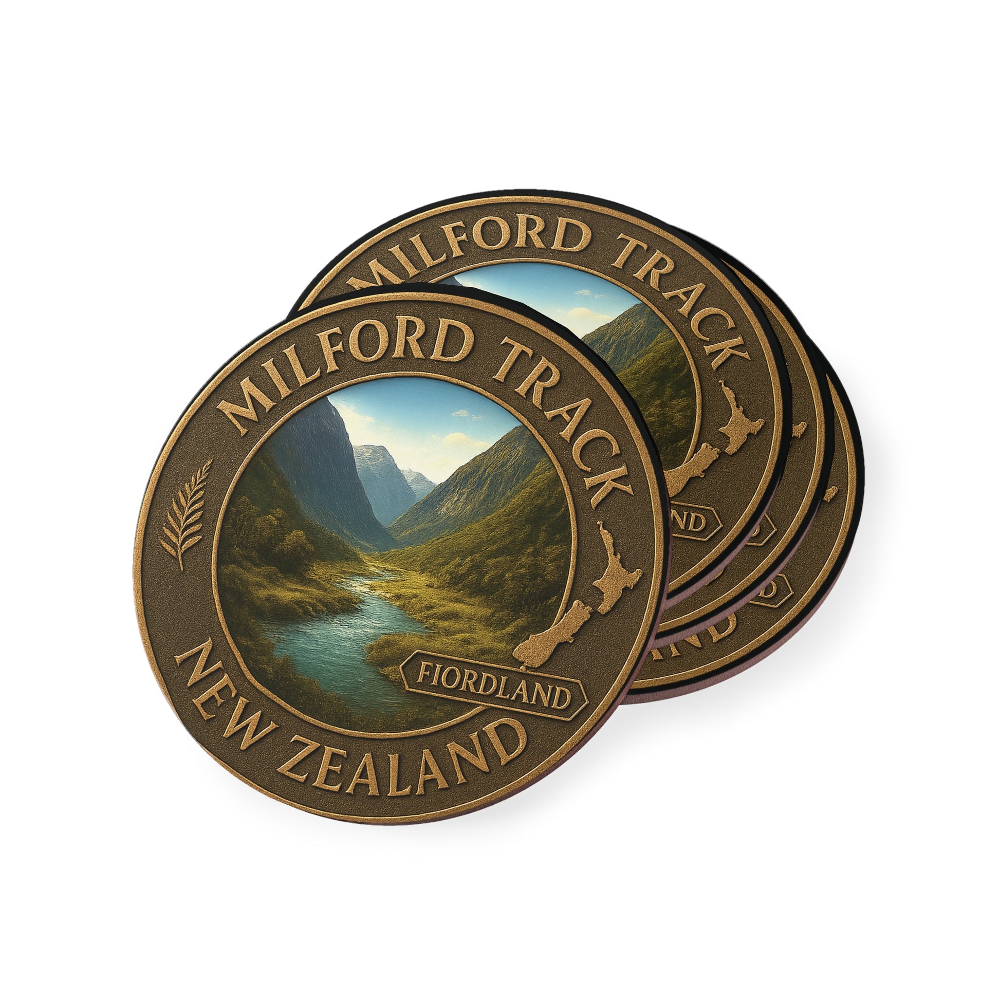 Two bronze-colored coasters with 'Milford Track, New Zealand' design on a white background