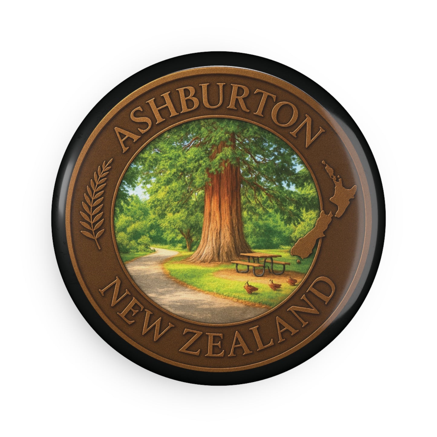 Round badge with Ashburton, New Zealand text and scenic illustration on a white background