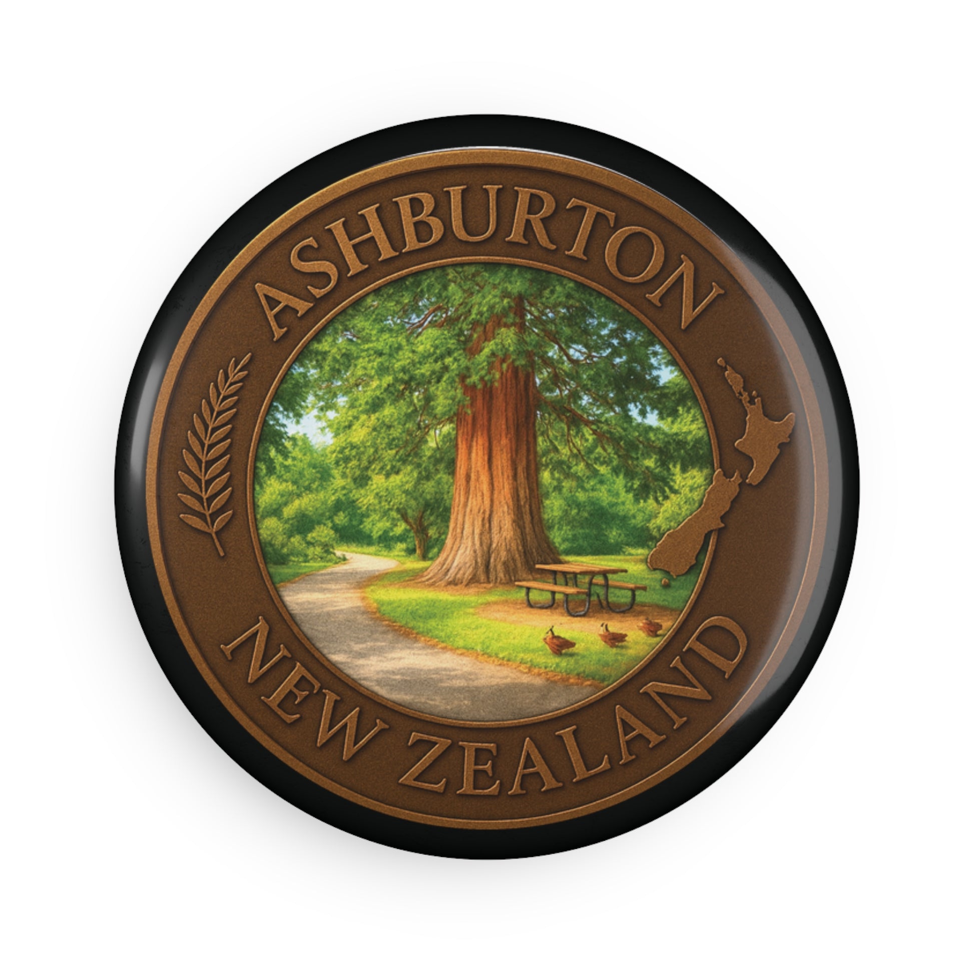 Round badge with Ashburton, New Zealand text and scenic illustration on a white background