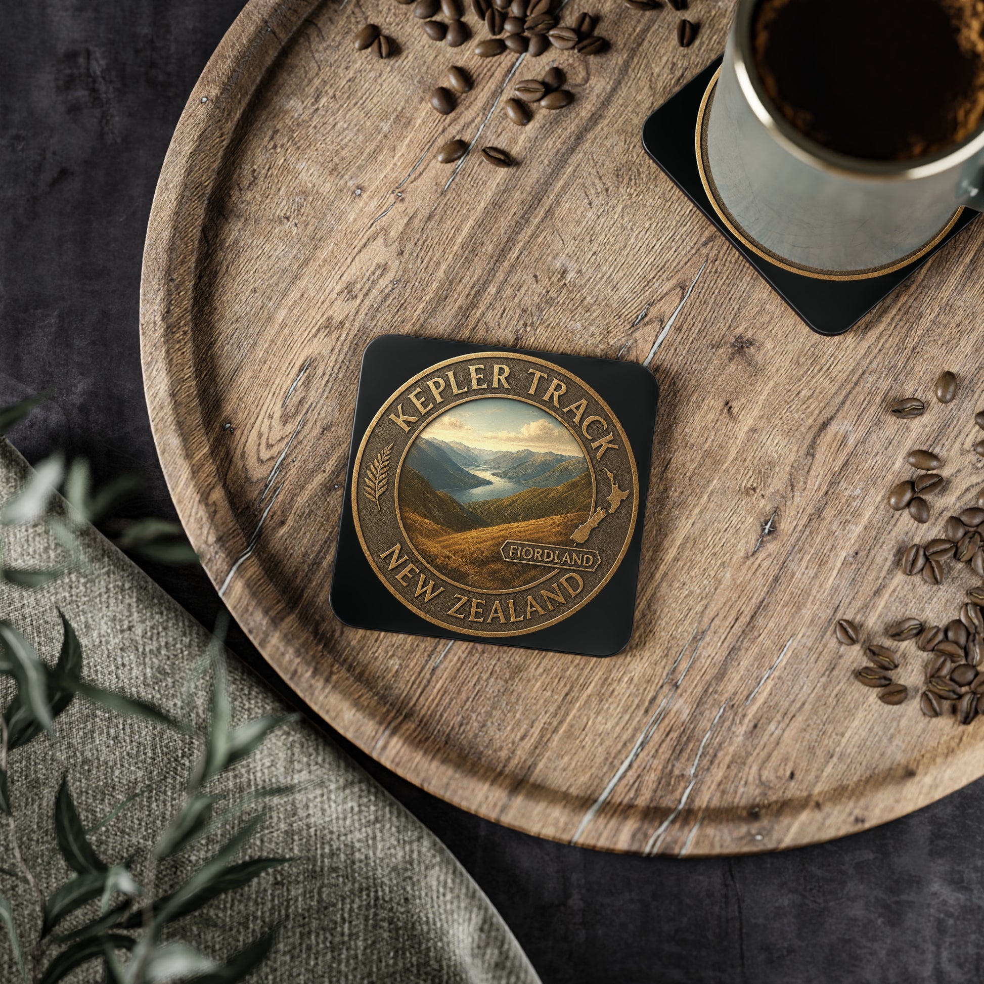 Coaster with 'Kepler Track New Zealand' design on a wooden tray with coffee and coffee beans.