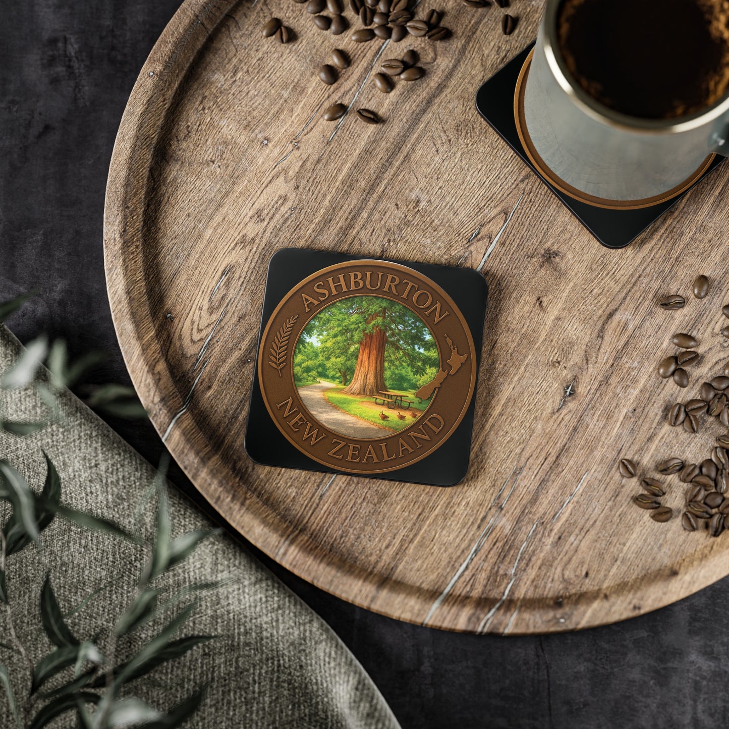 Coaster with Ashburton, New Zealand design on a wooden tray with coffee and coffee beans.
