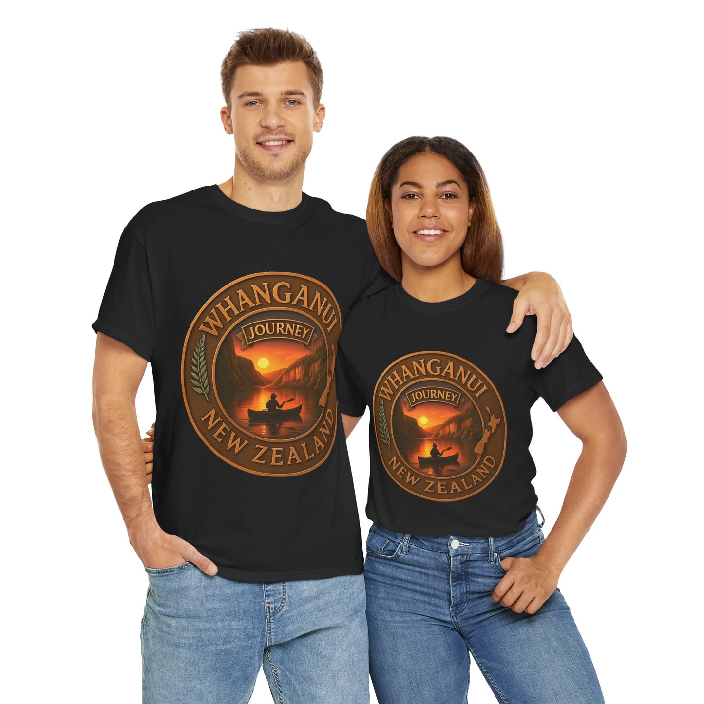 Two people wearing black t-shirts with a 'Whanganui Journey, New Zealand' design.