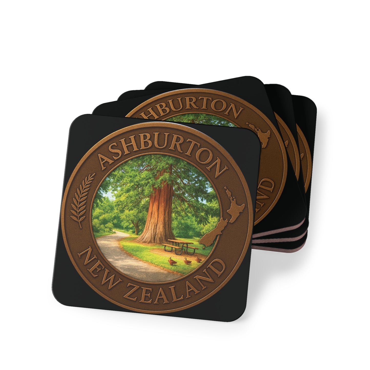 Set of four coasters with Ashburton New Zealand design on a white background
