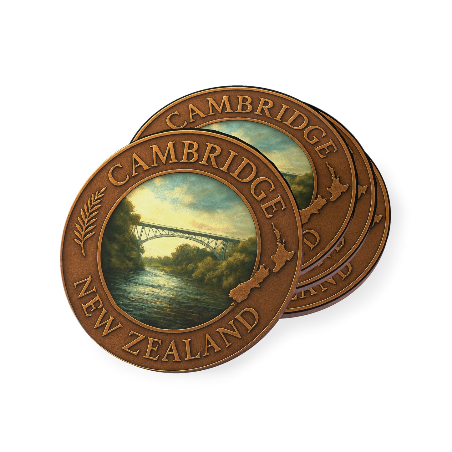 Two round bronze-colored plaques with 'Cambridge New Zealand' text and scenic images on a white background.