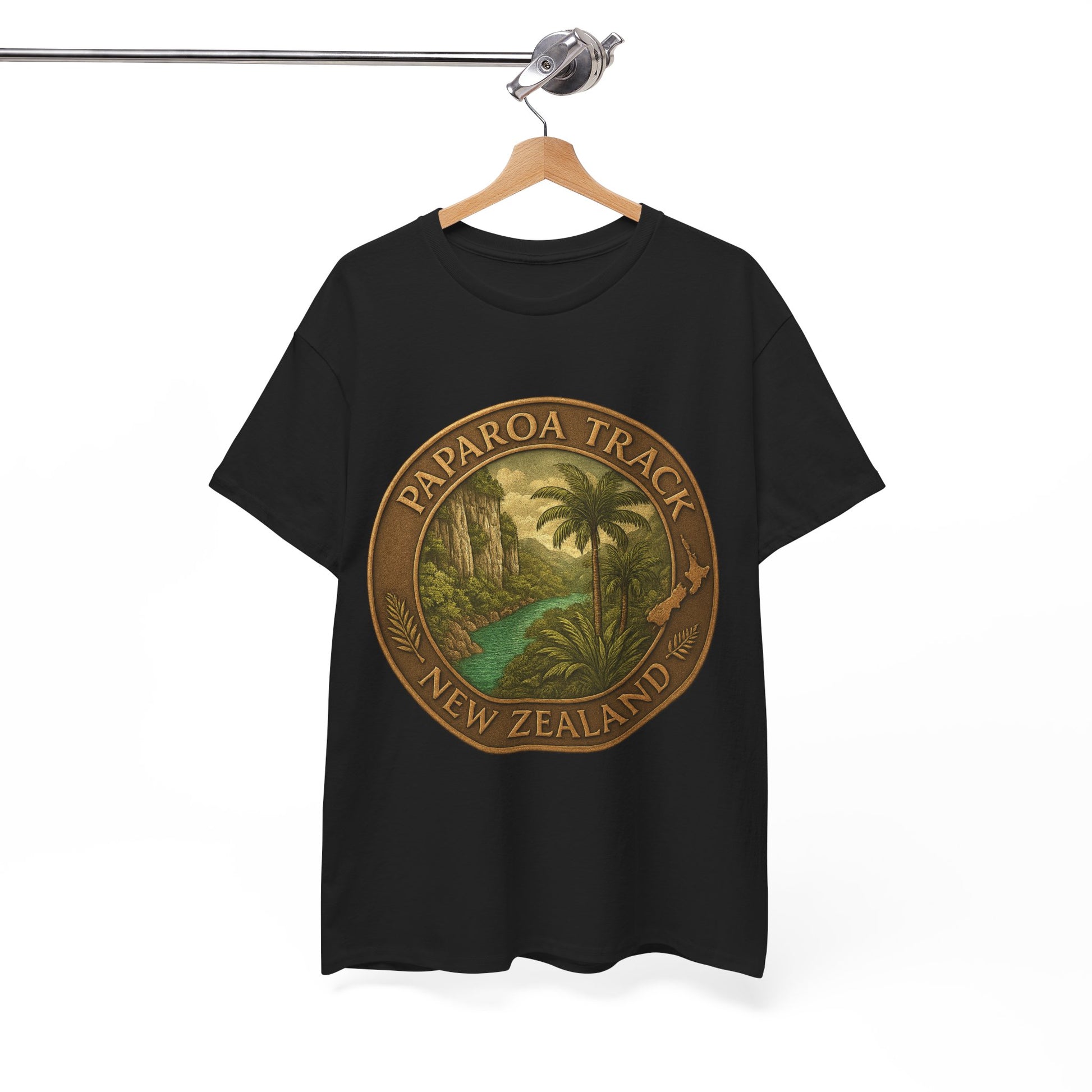 Black t-shirt with Paparoa Track New Zealand design on a hanger against a white background