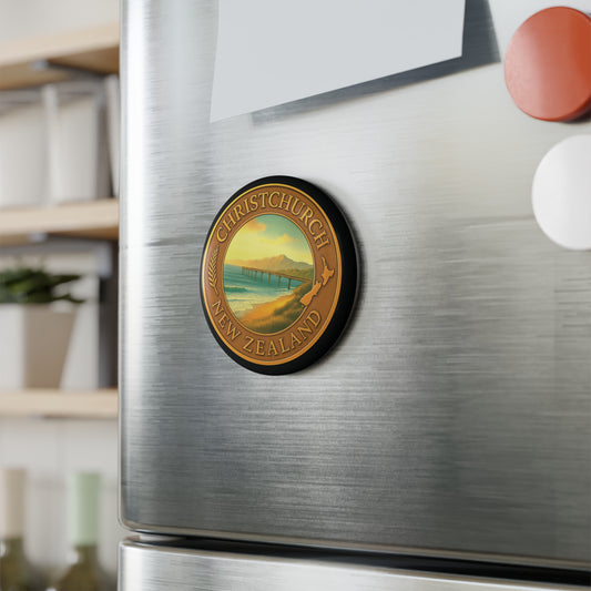 Fridge magnet with Christchurch, New Zealand design on a refrigerator