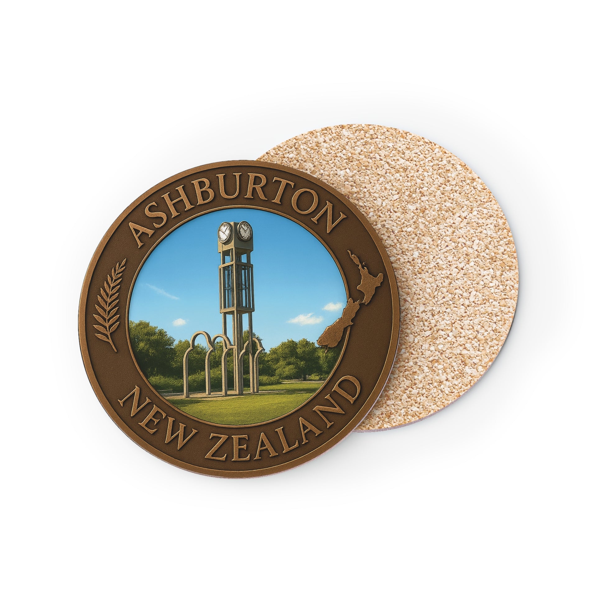 Round coaster with Ashburton, New Zealand design on a white background