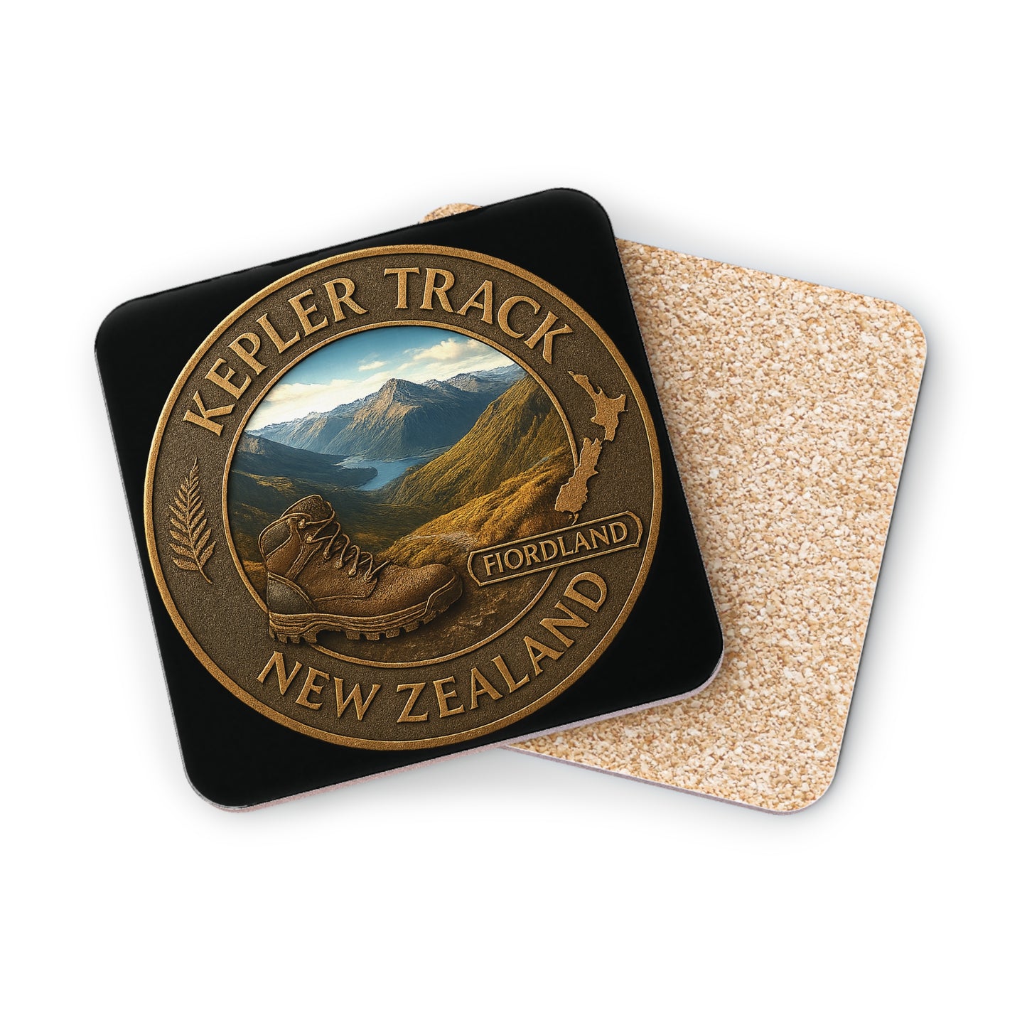 Coaster set with Kepler Track New Zealand design on a white background