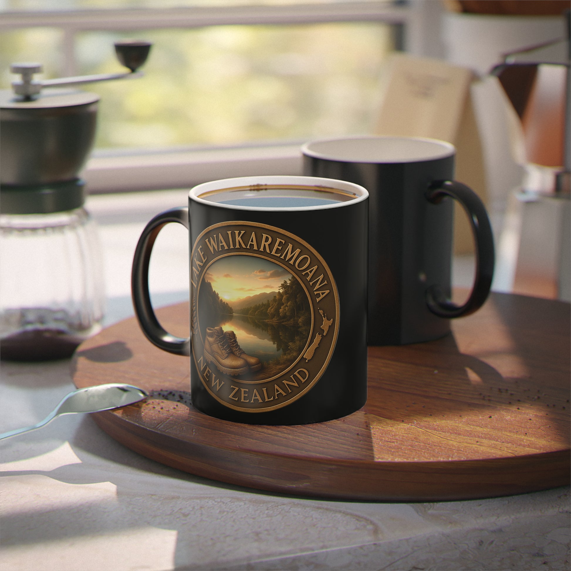 Black Coffee cup mug with a scenic Lake Waikaremoana Track design on a wooden tray in a kitchen setting