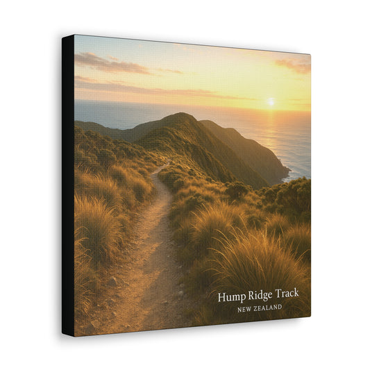 Canvas print of a scenic view with a path leading to a sunset over the ocean, labeled 'Hump Ridge Track, New Zealand'.