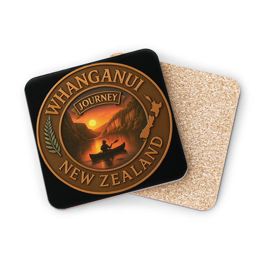Coaster set with 'Whanganui Journey New Zealand' design on a white background