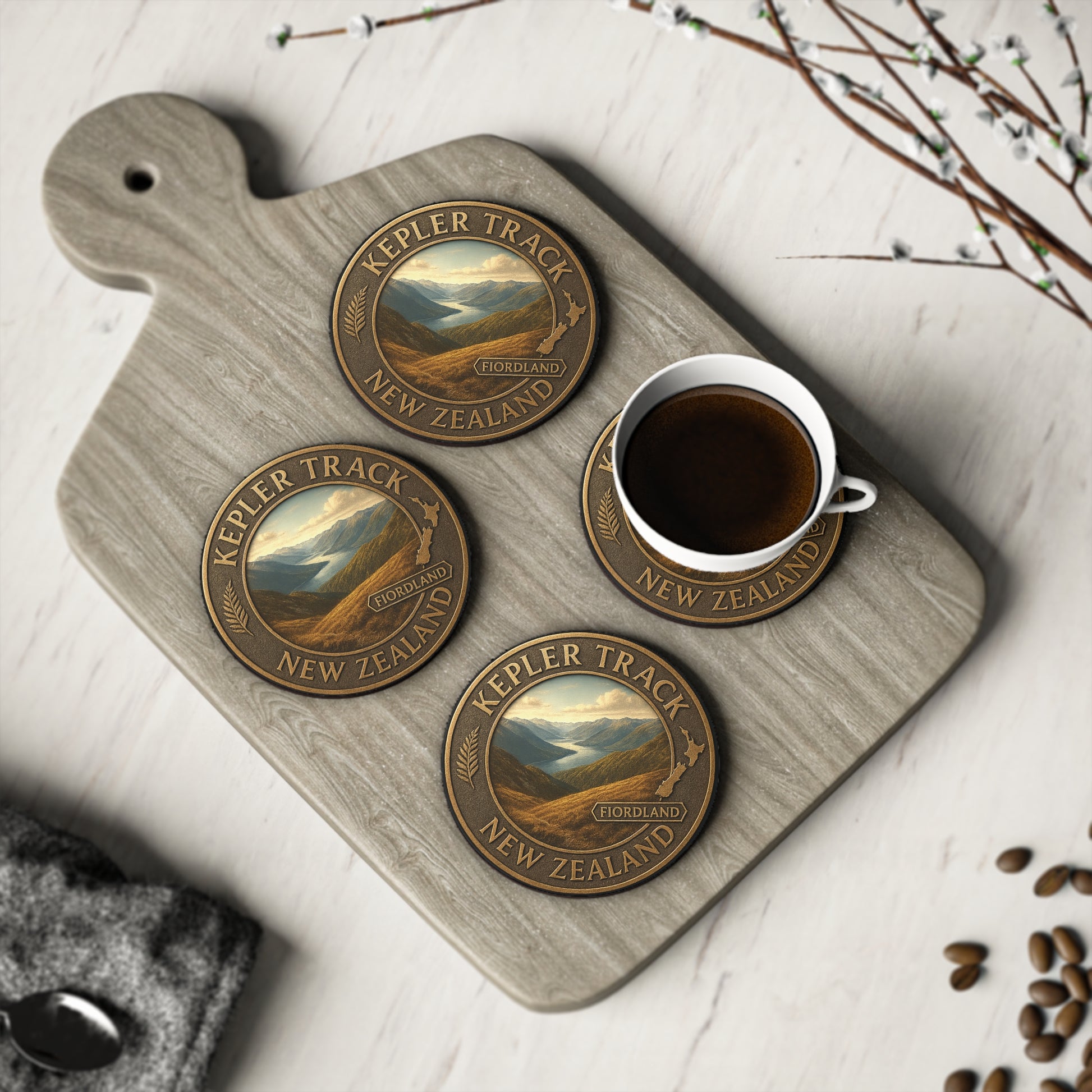 Kepler Track New Zealand coasters on a wooden board with a cup of coffee.