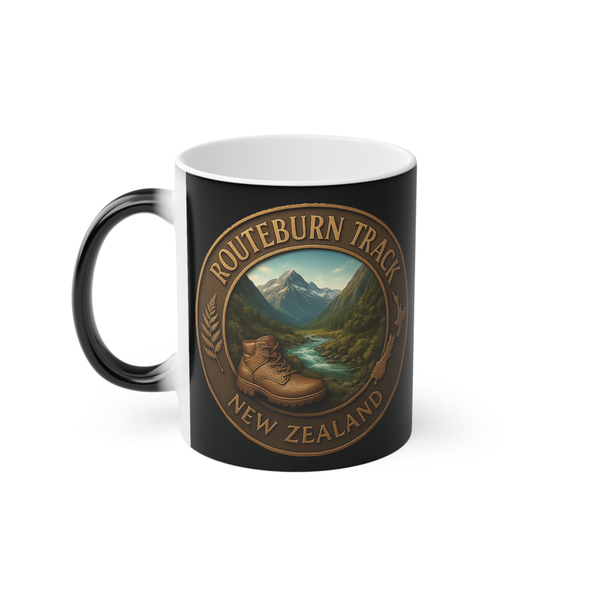Black Coffee mug with Routeburn Track New Zealand design featuring a mountain and boot illustration.