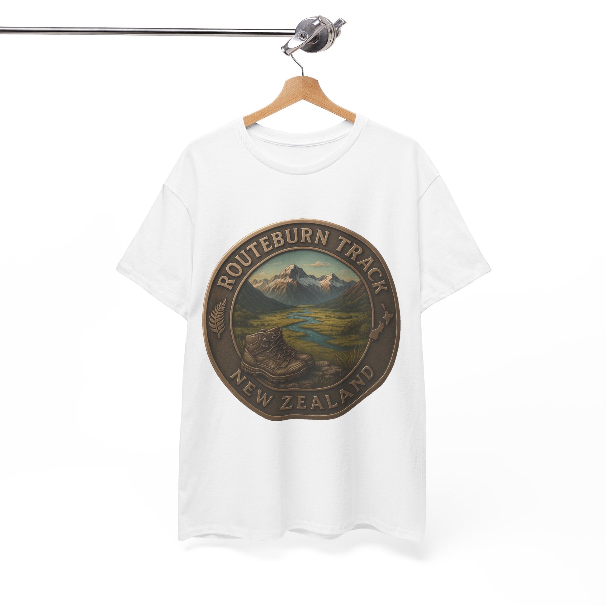 White t-shirt with Routeburn Track New Zealand design on a hanger against a white background