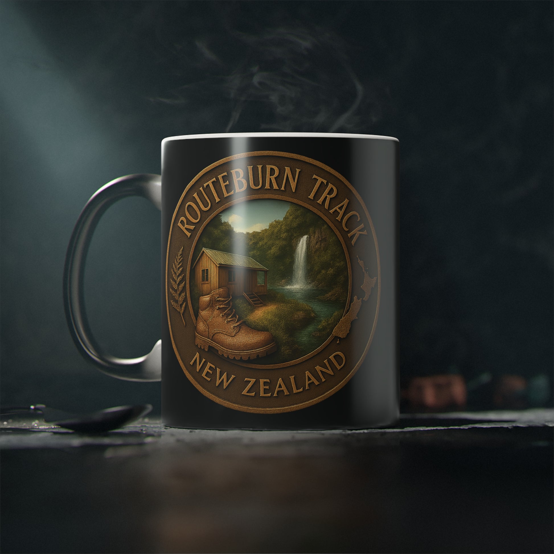 Mug with Routeburn Track New Zealand design featuring a cabin and waterfall on a dark background.