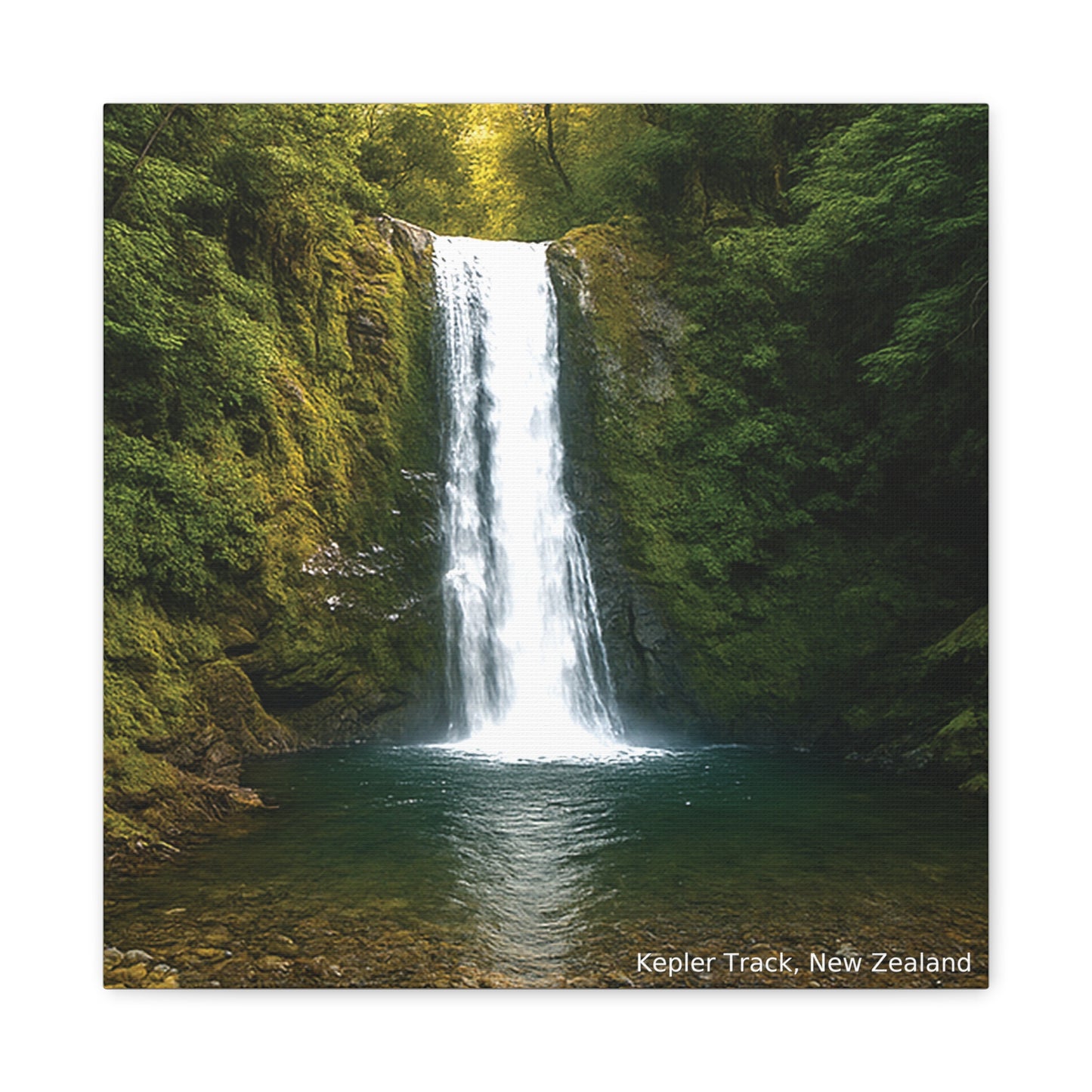 Waterfall in a lush green forest with 'Kepler Track, New Zealand' text.