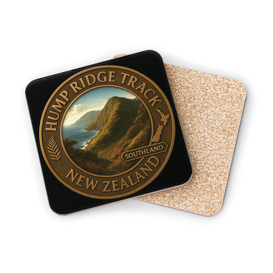 Coaster set with Hump Ridge Track New Zealand design on a white background