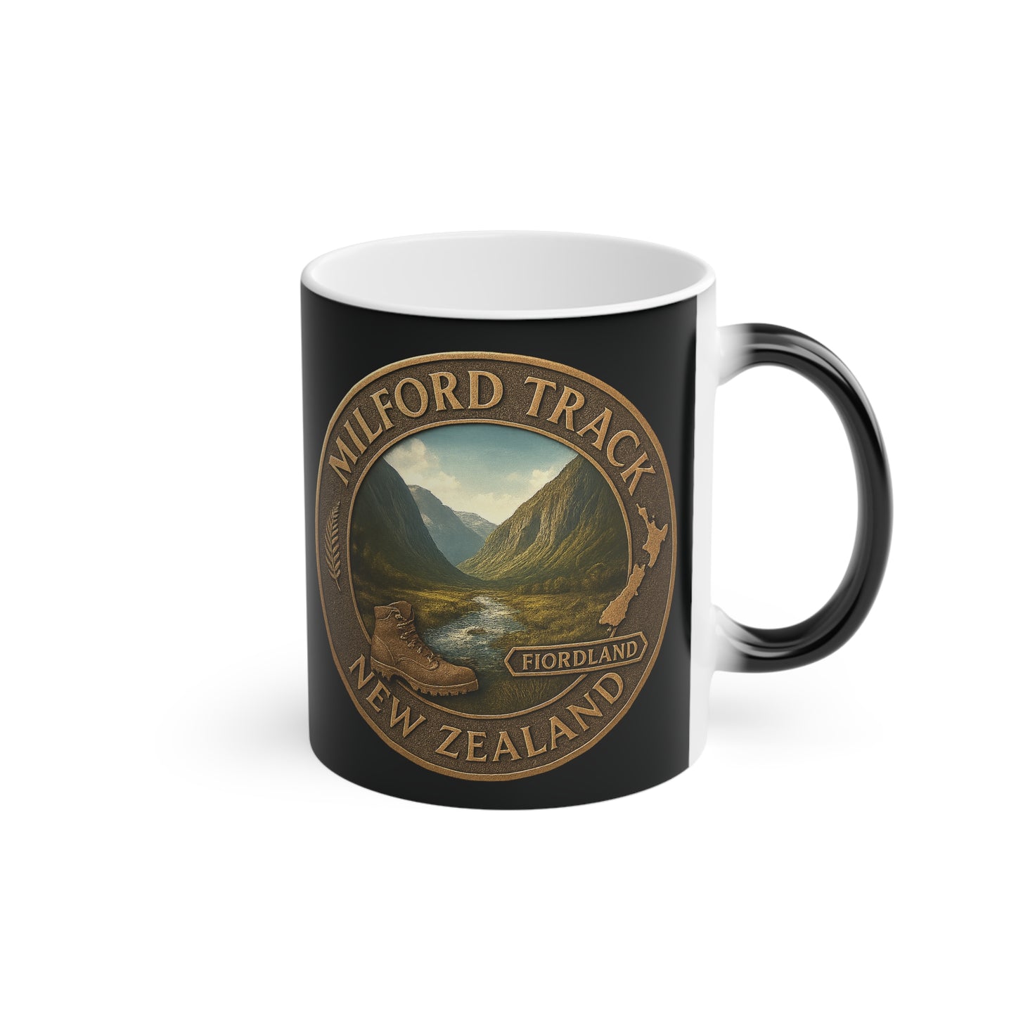 Black mug with 'Milford Track, New Zealand' design on a white background