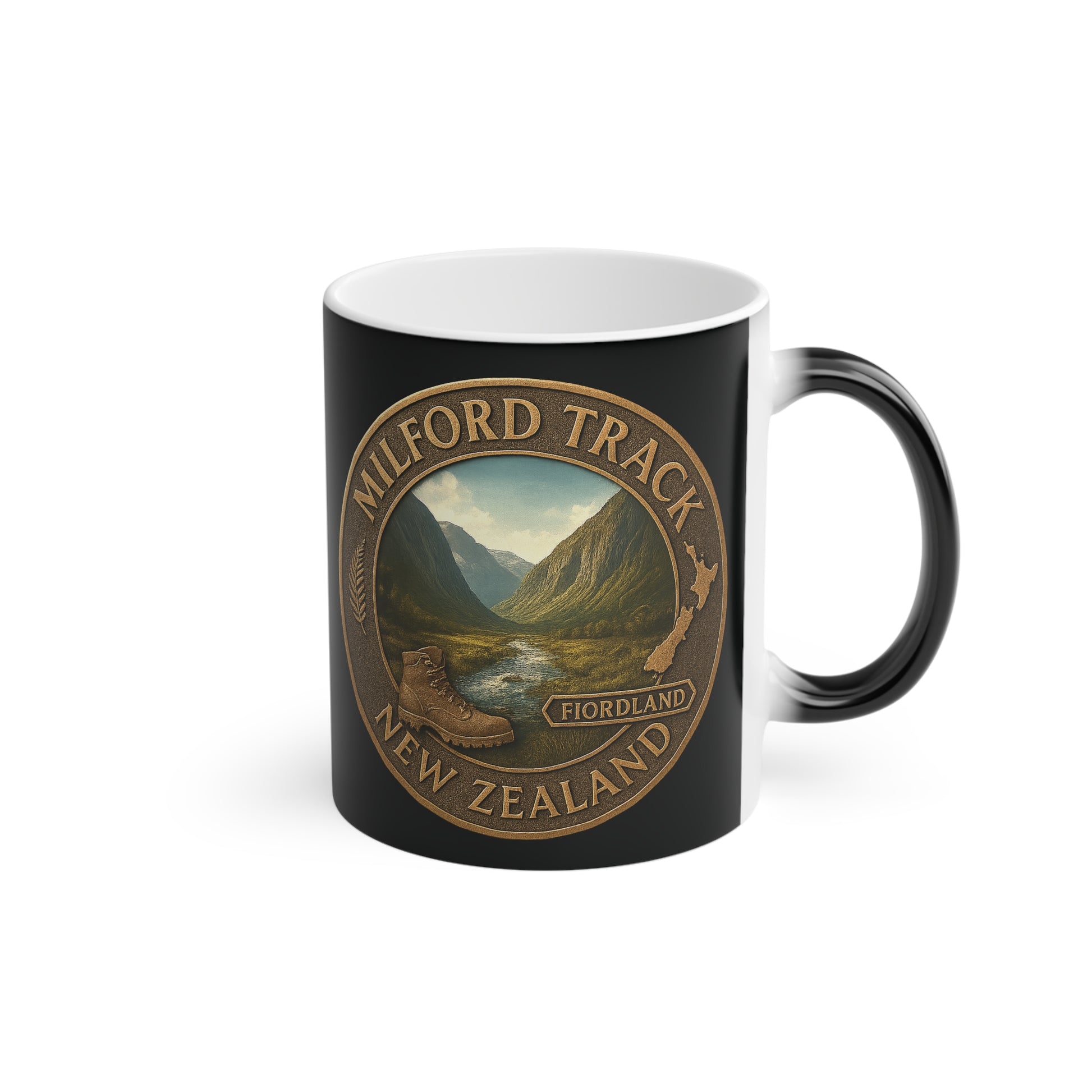 Black mug with 'Milford Track, New Zealand' design on a white background