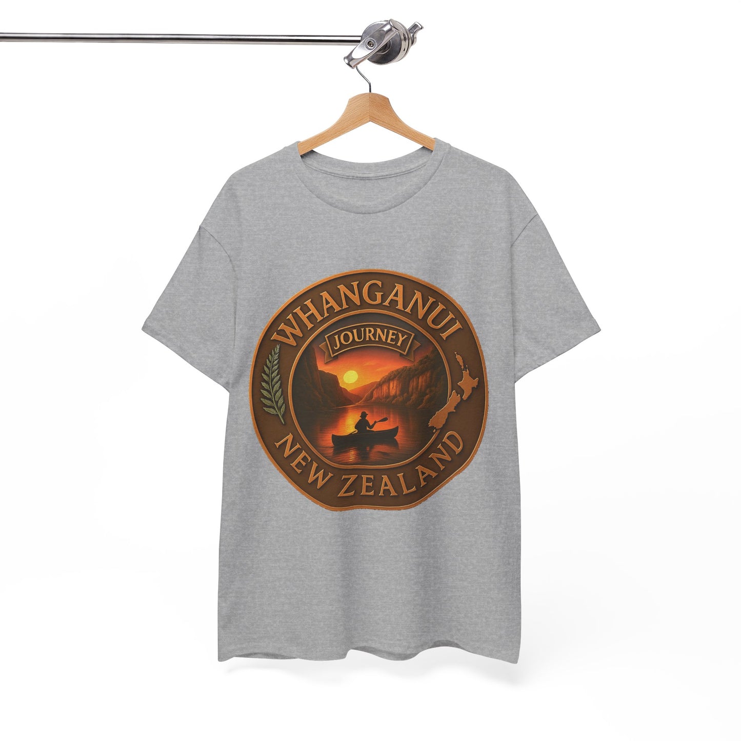 Gray t-shirt with a 'Whanganui Journey New Zealand' design on a hanger against a white background