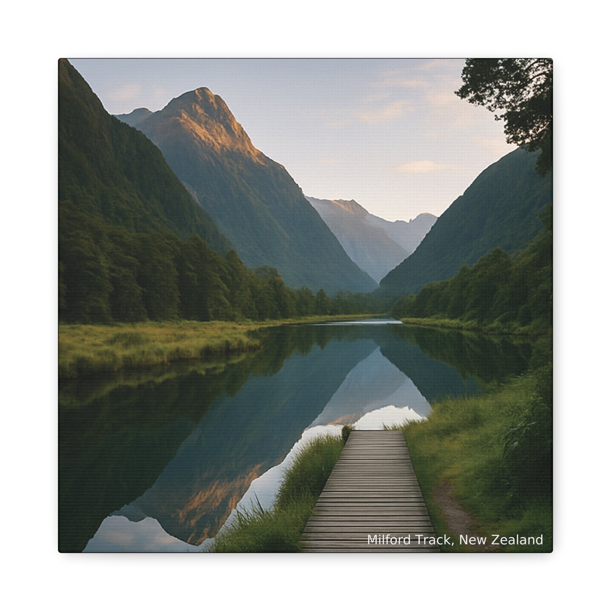 Wooden pathway leading to a serene lake with mountains in the background, labeled 'Milford Track, New Zealand'.