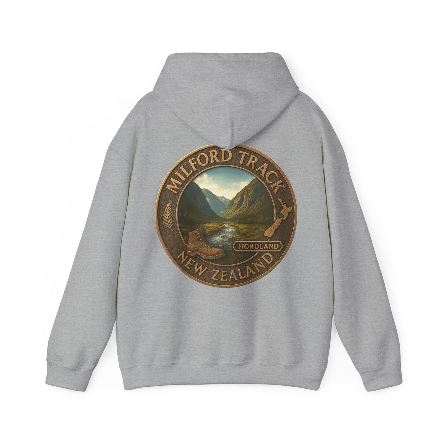 Gray hoodie with a 'Milford Track, New Zealand' design on the back against a white background