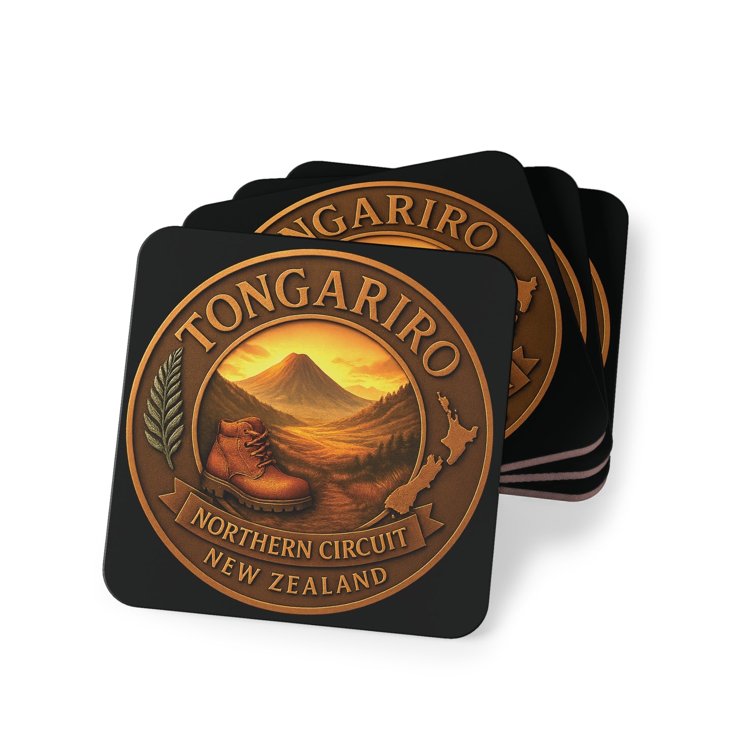 Set of four coasters with Tongariro New Zealand design on a white background