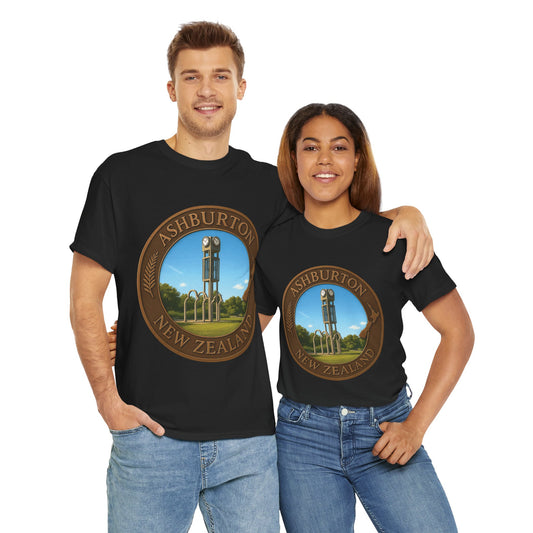 Two people wearing black t-shirts with Ashburton, New Zealand design