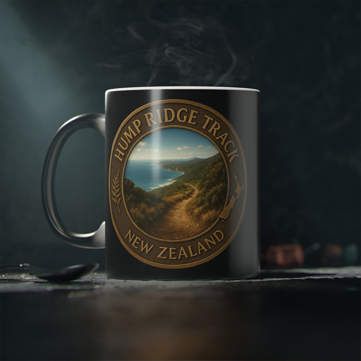 Coffee Mug with Hump Ridge Track New Zealand design on a dark background
