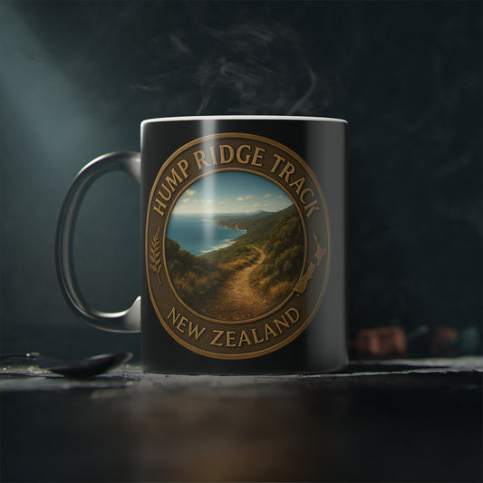 Coffee Mug with Hump Ridge Track New Zealand design on a dark background
