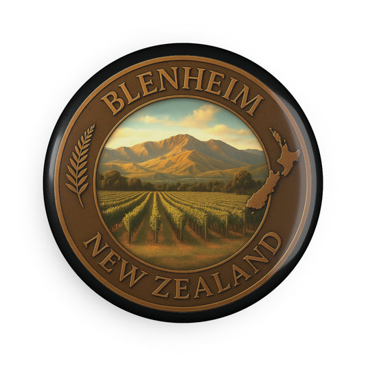 Round emblem featuring Blenheim, New Zealand with a vineyard and mountain landscape.