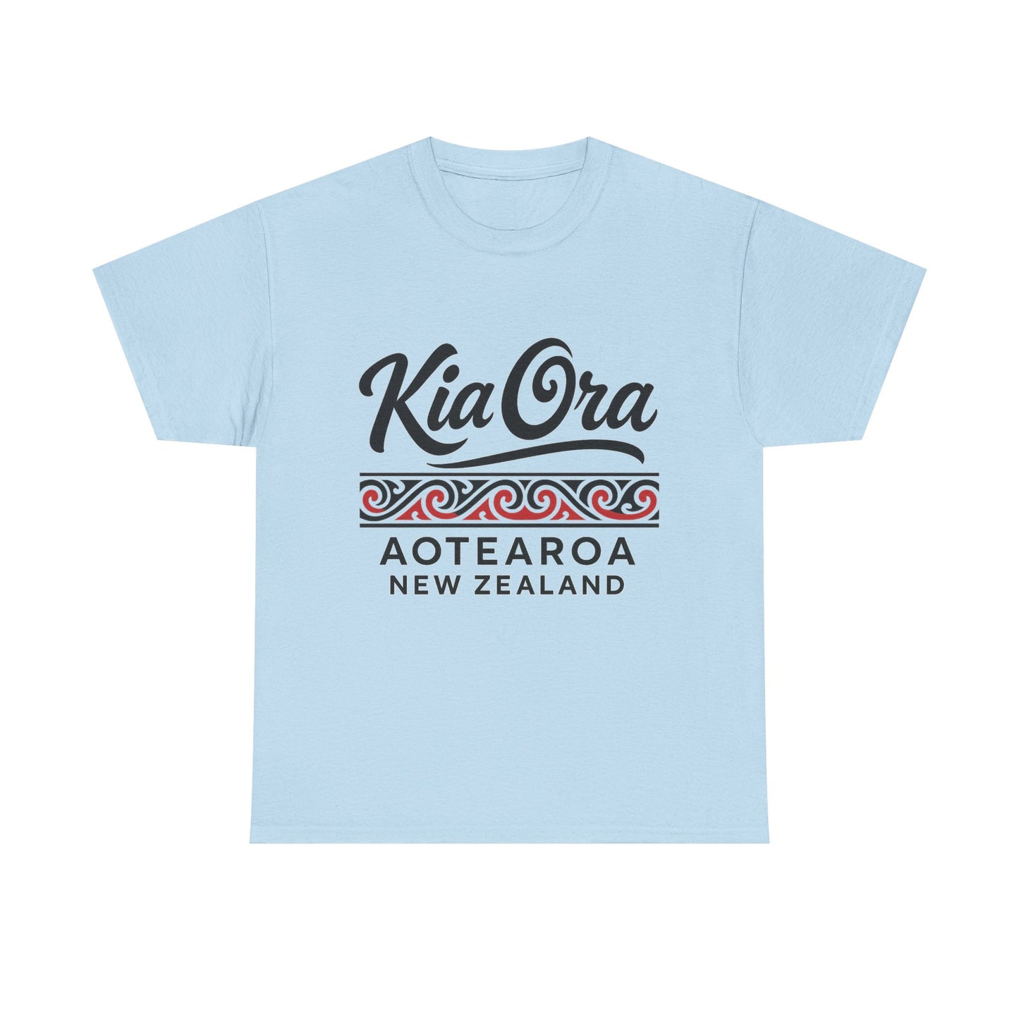 Light blue t-shirt with 'Kia Ora Aotearoa New Zealand' text on a white background