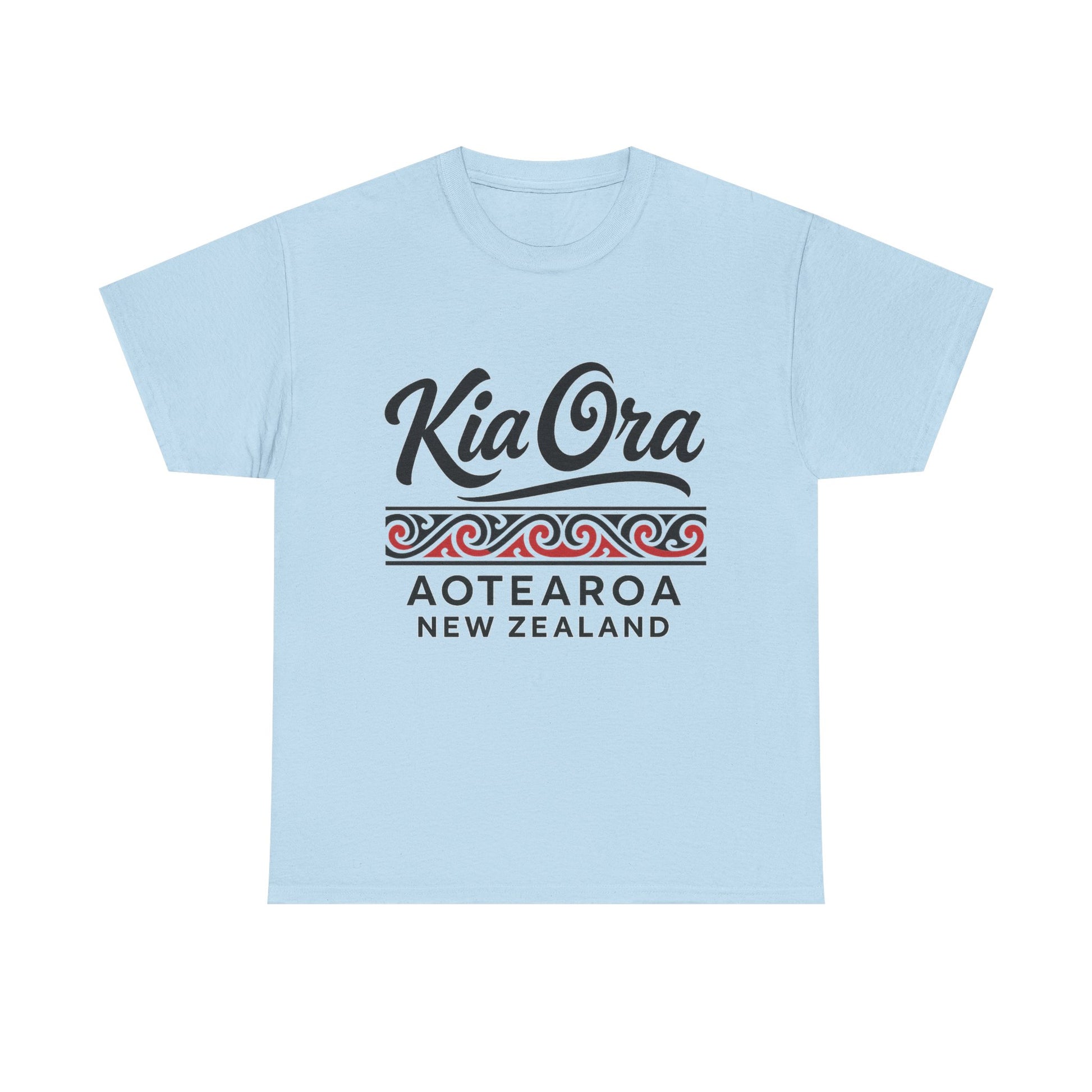 Light blue t-shirt with 'Kia Ora Aotearoa New Zealand' text on a white background