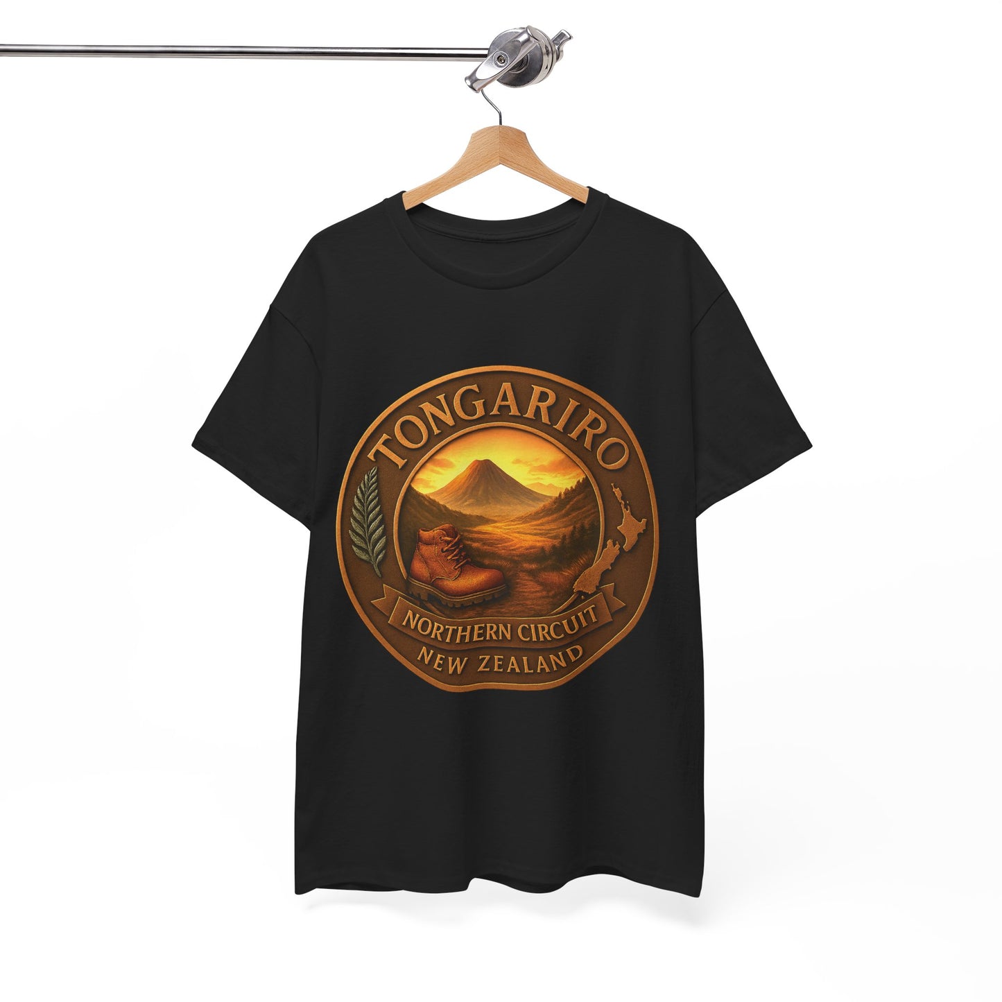 Black t-shirt with Tongariro Northern Circuit New Zealand graphic on a hanger against a white background